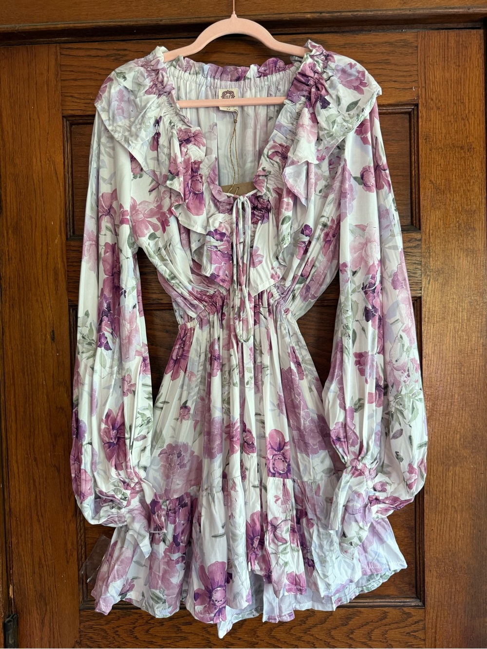 NWT BALI ELF Balloon Sleeve Ruffle V Neck Mini Dress Flowy Floral Alice US M - Picture 5 of 16